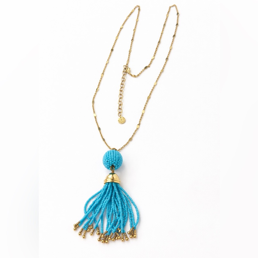 Talbots Turquoise Beaded Tassel Pendant Necklace Gold Chain 30”
